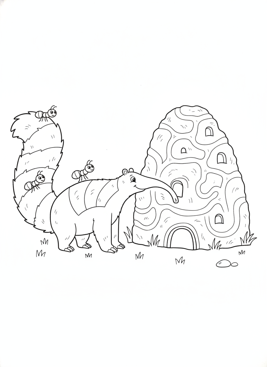 Friendly Anteater and Anthill Kids Coloring Page