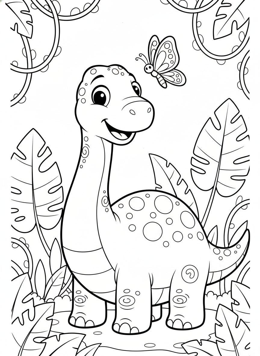 Friendly Baby Brontosaurus Jungle Adventure Coloring Page