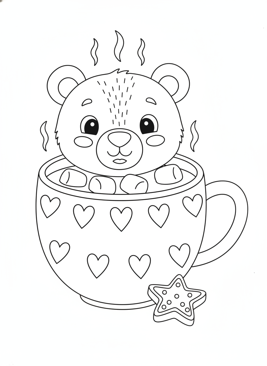 Friendly Bear in Hot Chocolate Mug Coloring Page