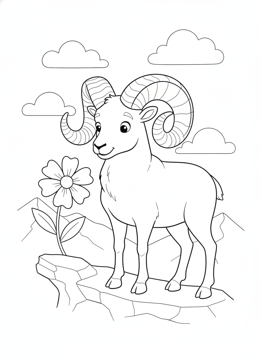 Friendly Bighorn Sheep on a Mountain Ledge Coloring Page for Kids
