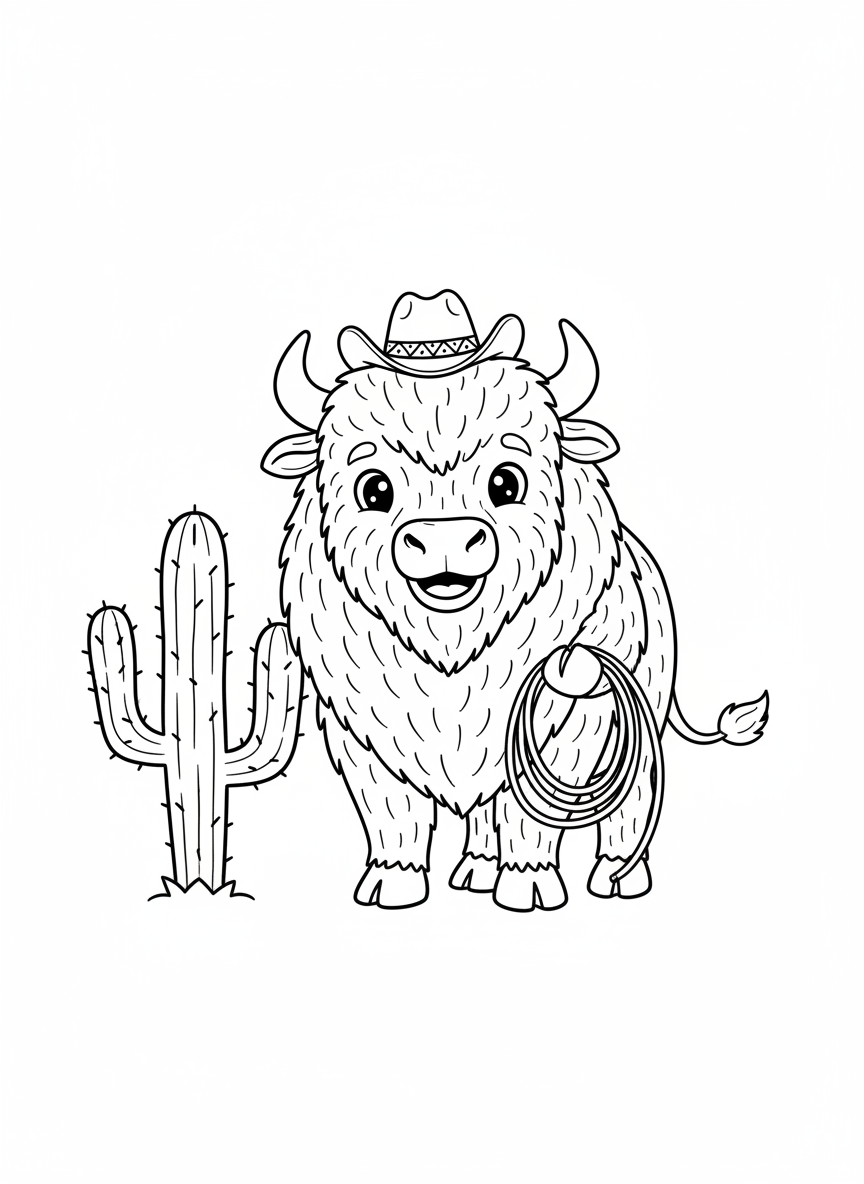 Friendly Bison Cowboy Coloring Page for Kids