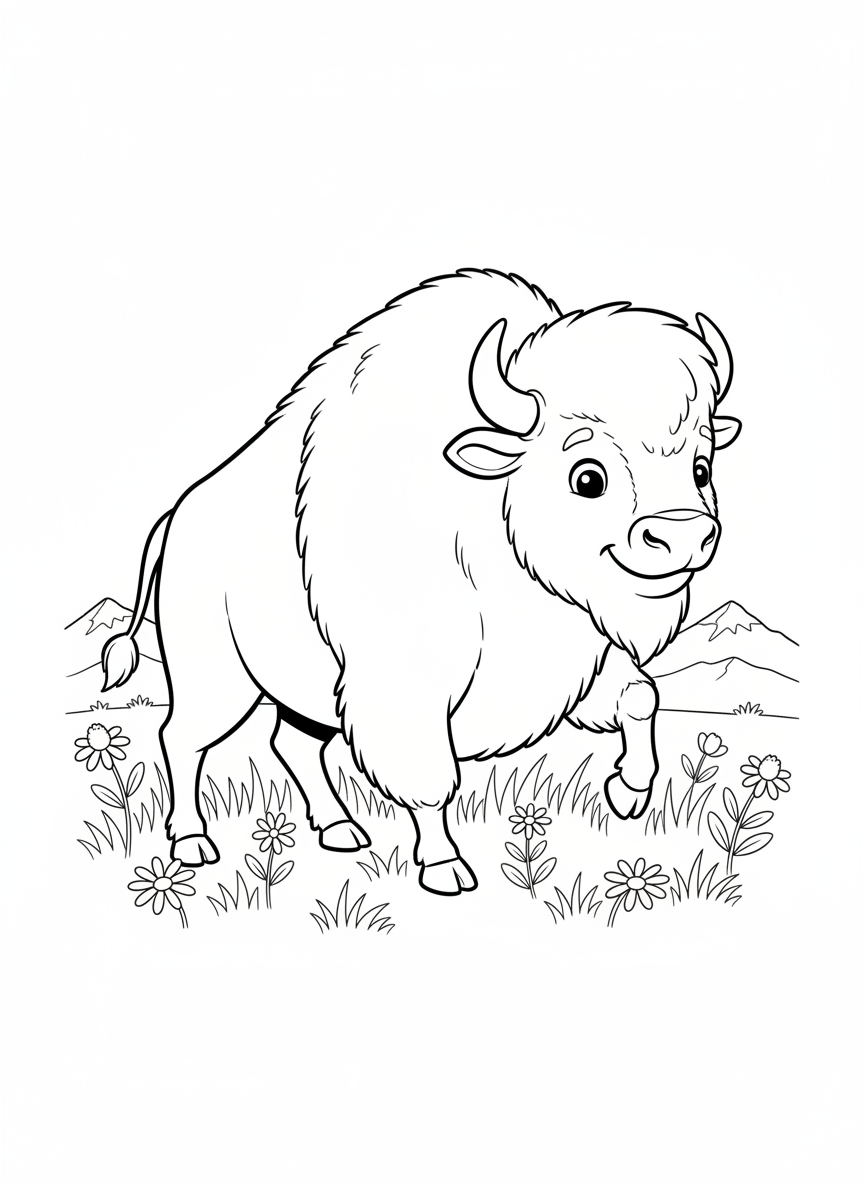 Friendly Bison in Grassy Field Coloring Page for Kids