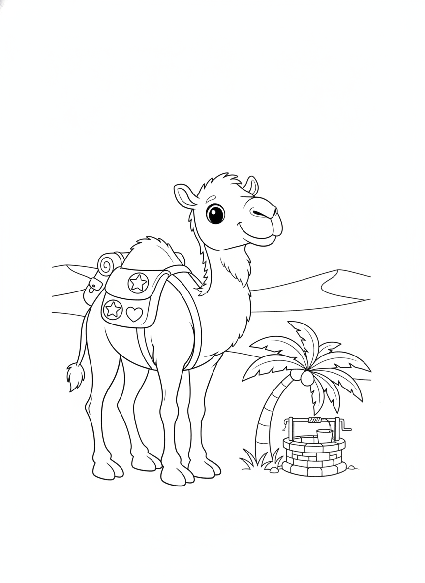 Friendly Camel at Desert Oasis Coloring Page for Kids
