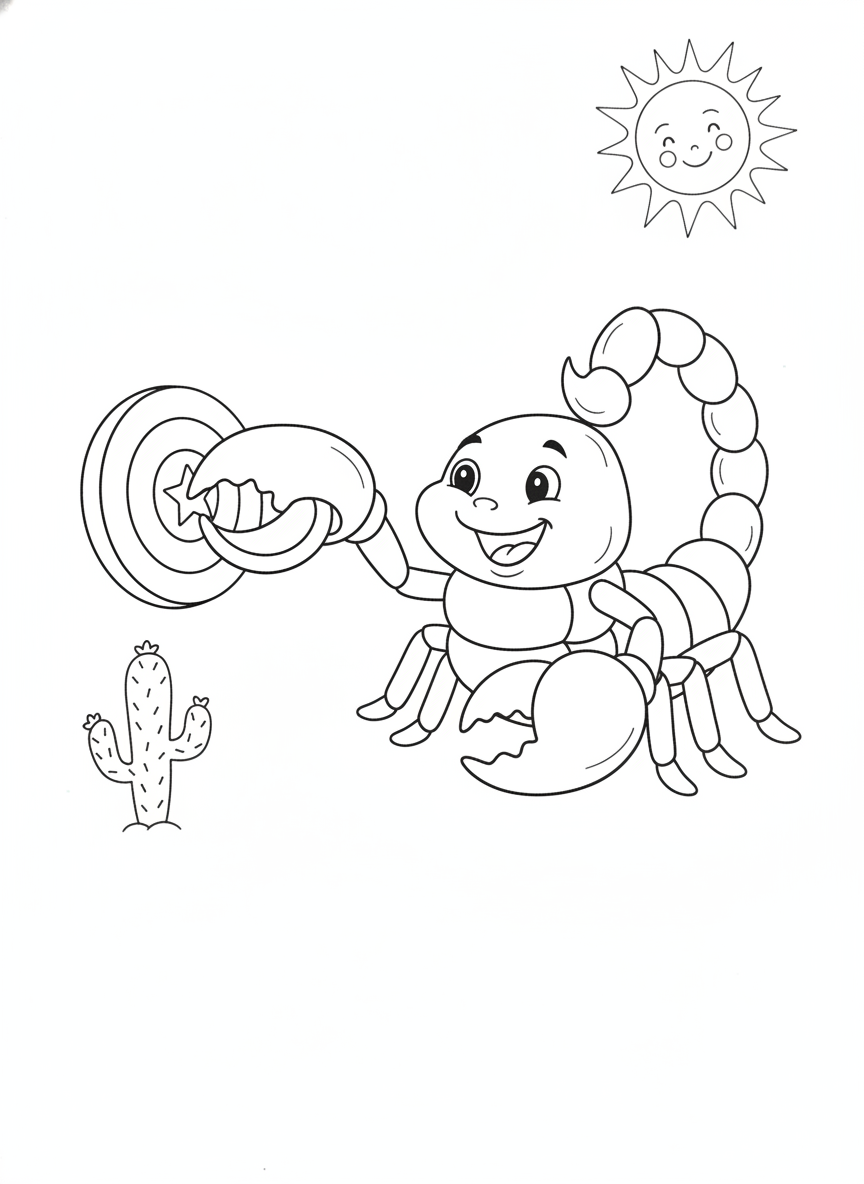 Friendly Cartoon Scorpion Coloring Page: Desert Carnival Ring Toss Fun
