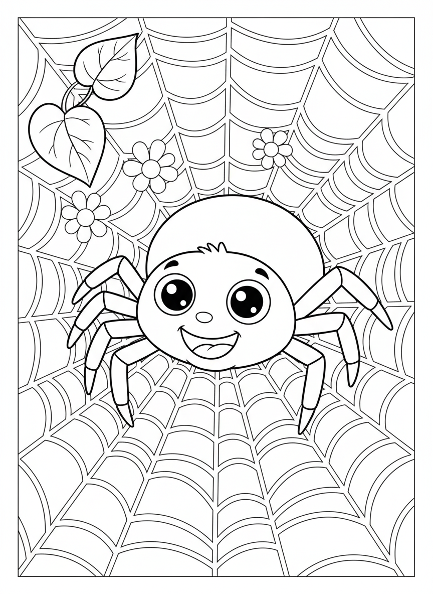 Friendly Cartoon Spider Weaving an Intricate Web Coloring Page