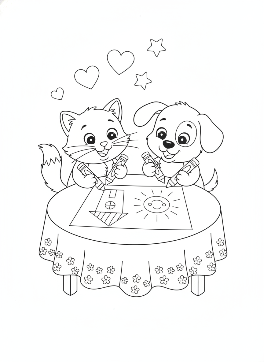 Friendly Cat and Dog Coloring Fun: A Kids' Friendship Activity