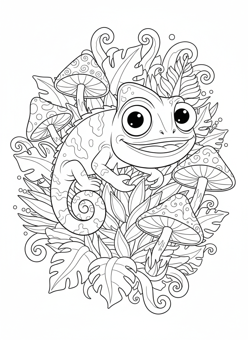 Friendly Chameleon Hiding in Jungle Leaves Coloring Page