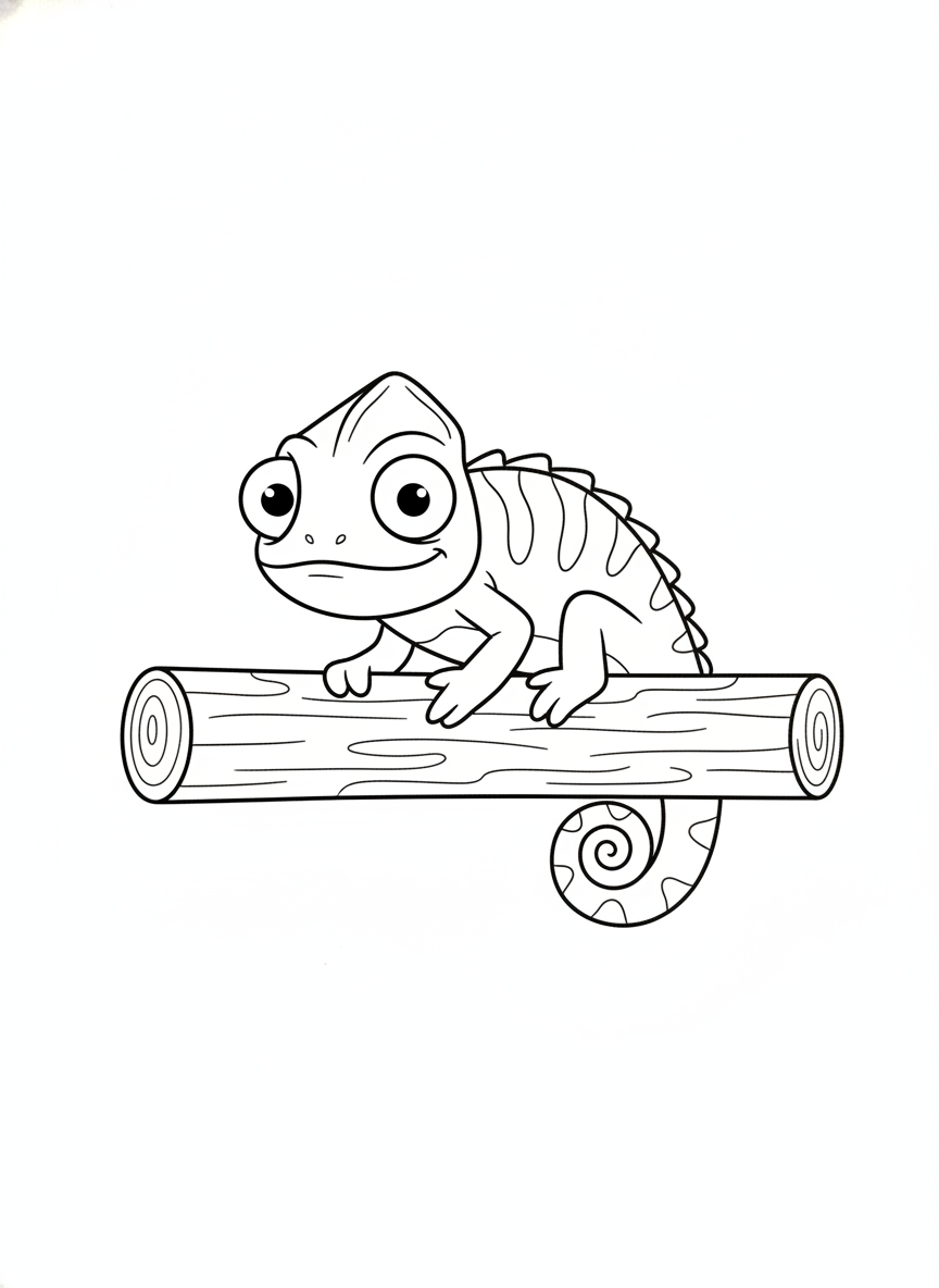 Friendly Chameleon on Log Coloring Page for Kids