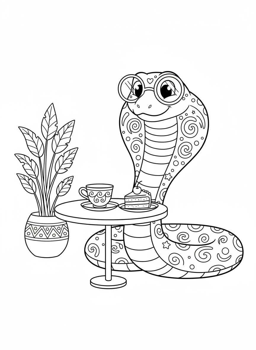 Friendly Cobra Tea Party Coloring Page