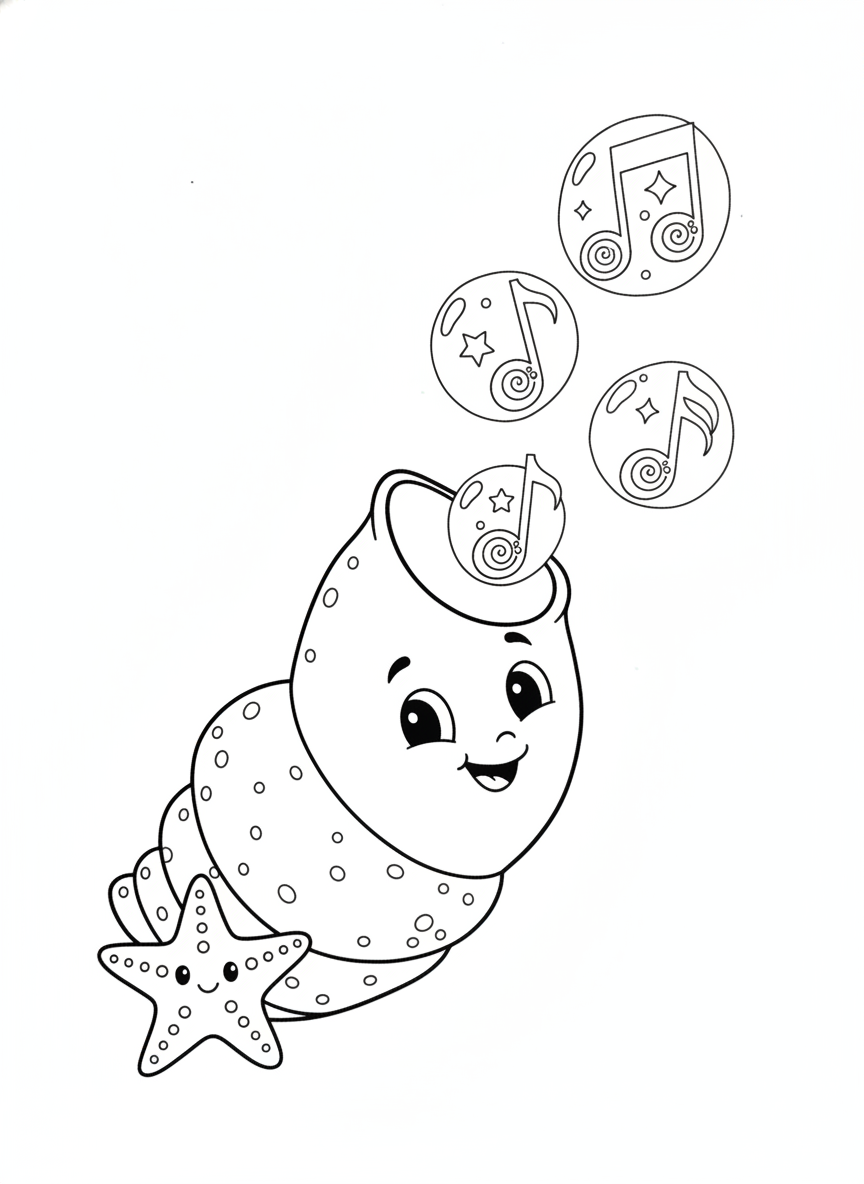 Friendly Conch Horn & Starfish Musical Coloring Page for Kids