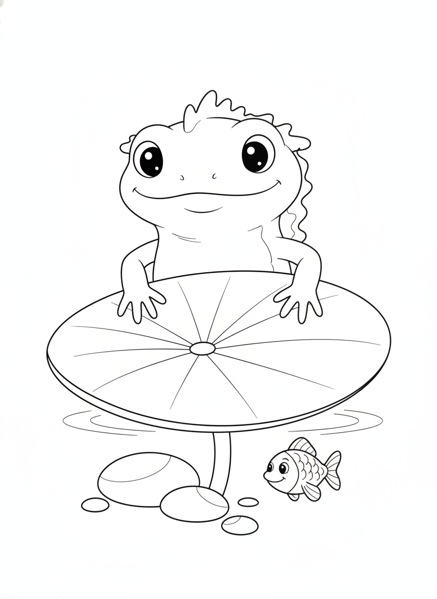 Friendly Crested Newt & Fish Pond Coloring Page