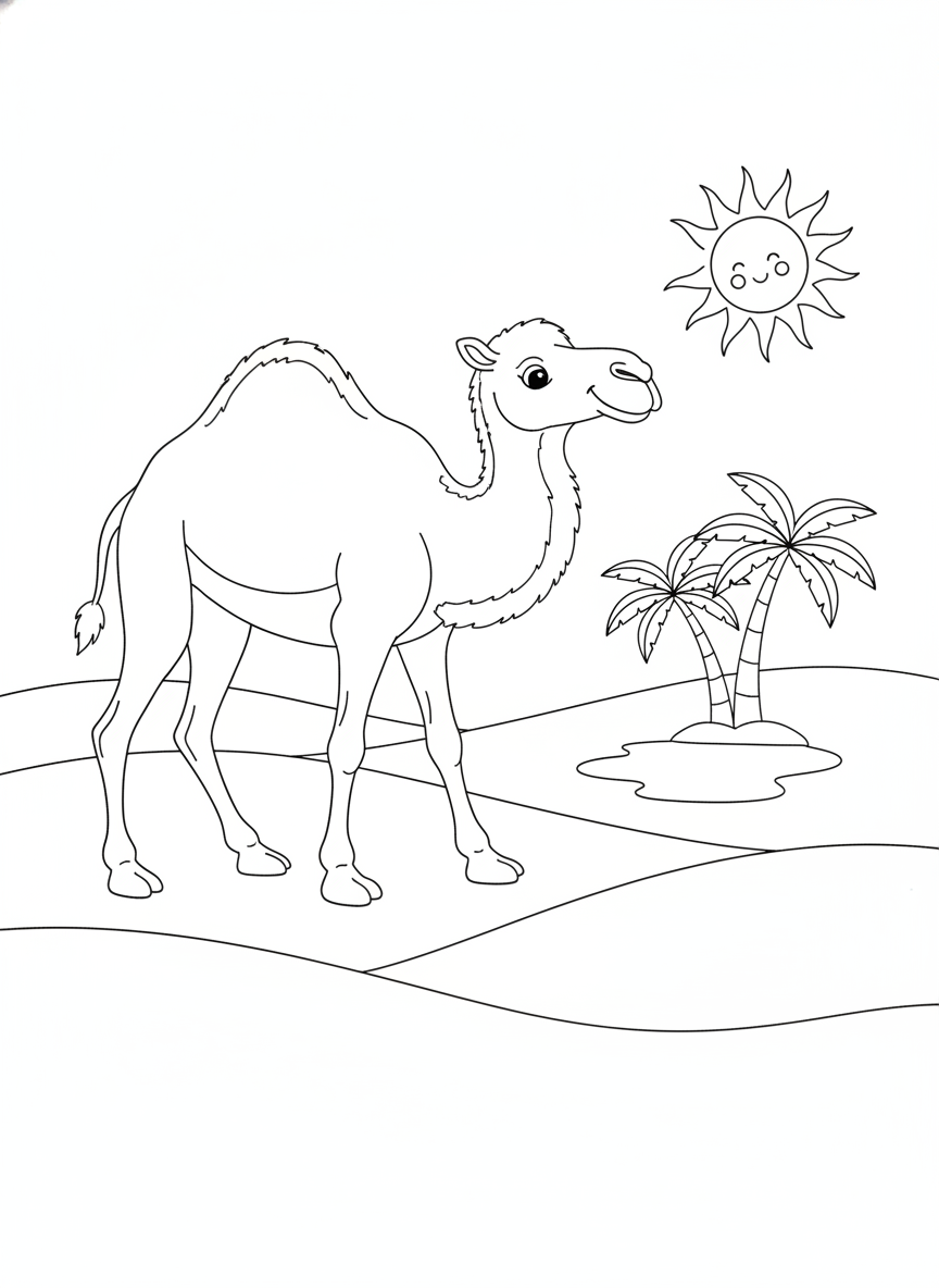 Friendly Desert Camel Oasis Coloring Page for Kids