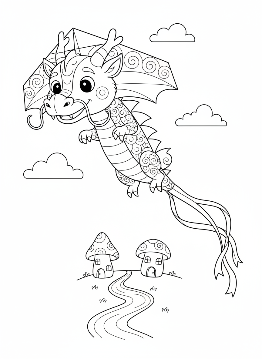 Friendly Dragon Kite Soaring Above a Whimsical Village