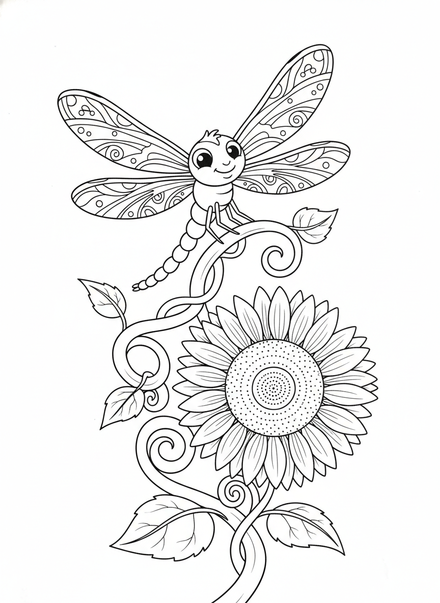 Friendly Dragonfly on Sunflower Coloring Page