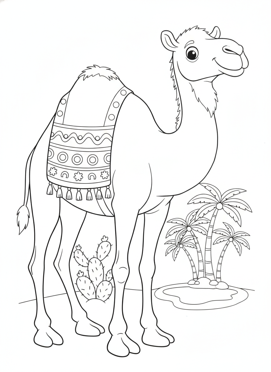 Friendly Dromedary Camel Oasis Coloring Page for Kids