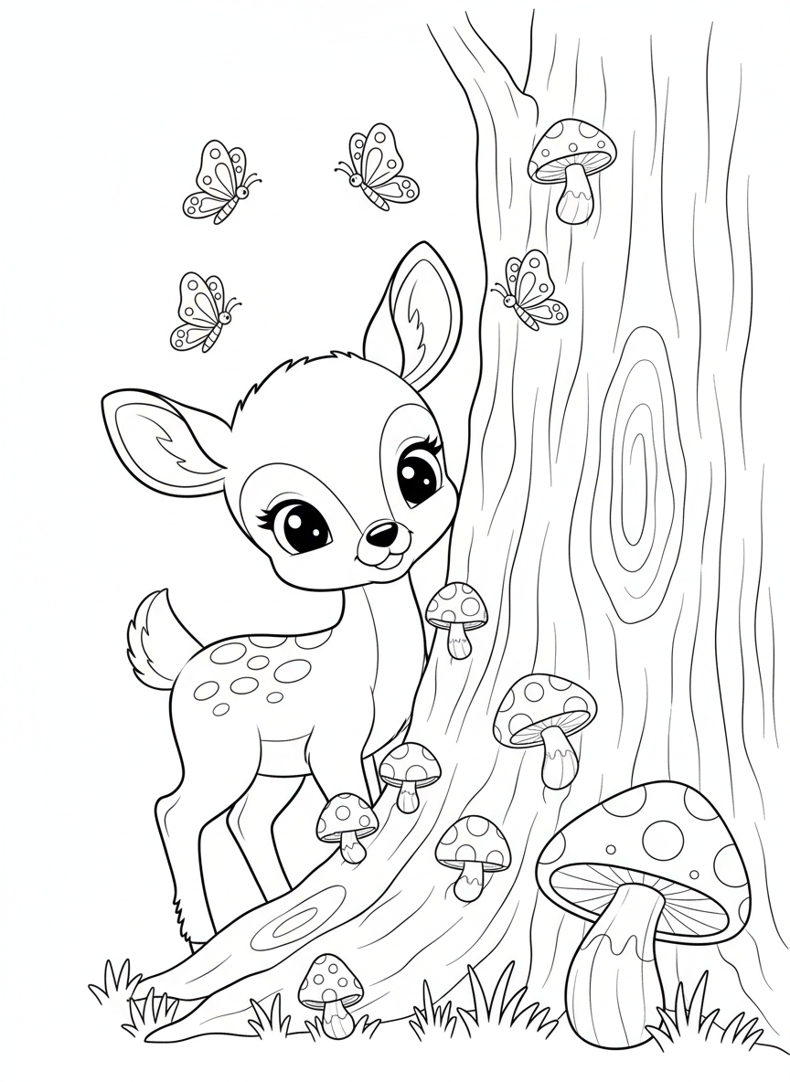 Friendly Fawn & Butterflies Coloring Page