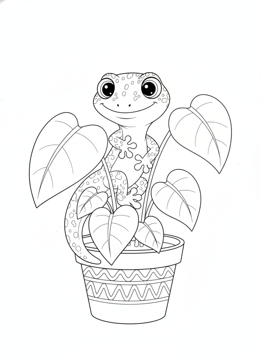 Friendly Gecko on Potted Plant Coloring Page for Kids
