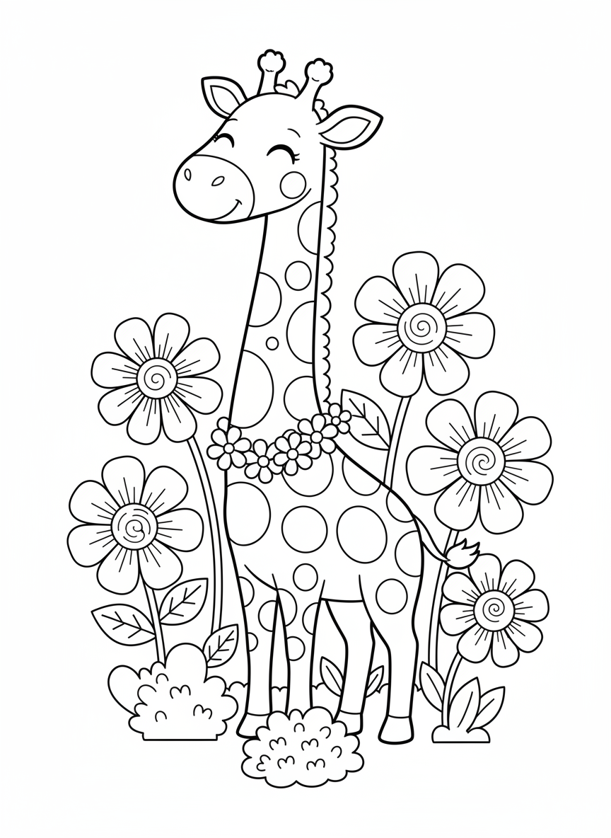 Friendly Giraffe in Whimsical Garden Coloring Page for Kids