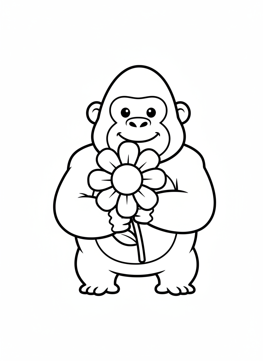 Friendly Gorilla with a Flower Coloring Page