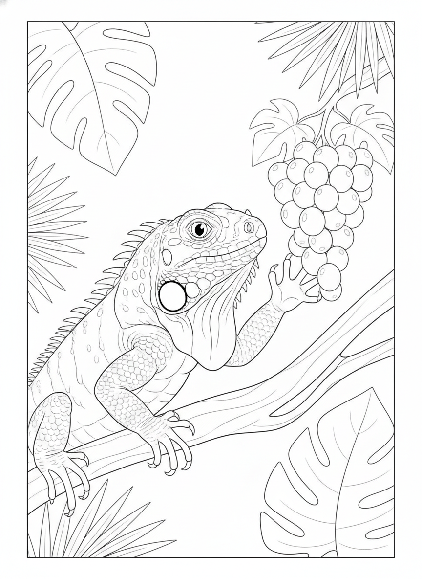 Friendly Iguana's Grape Adventure Coloring Page
