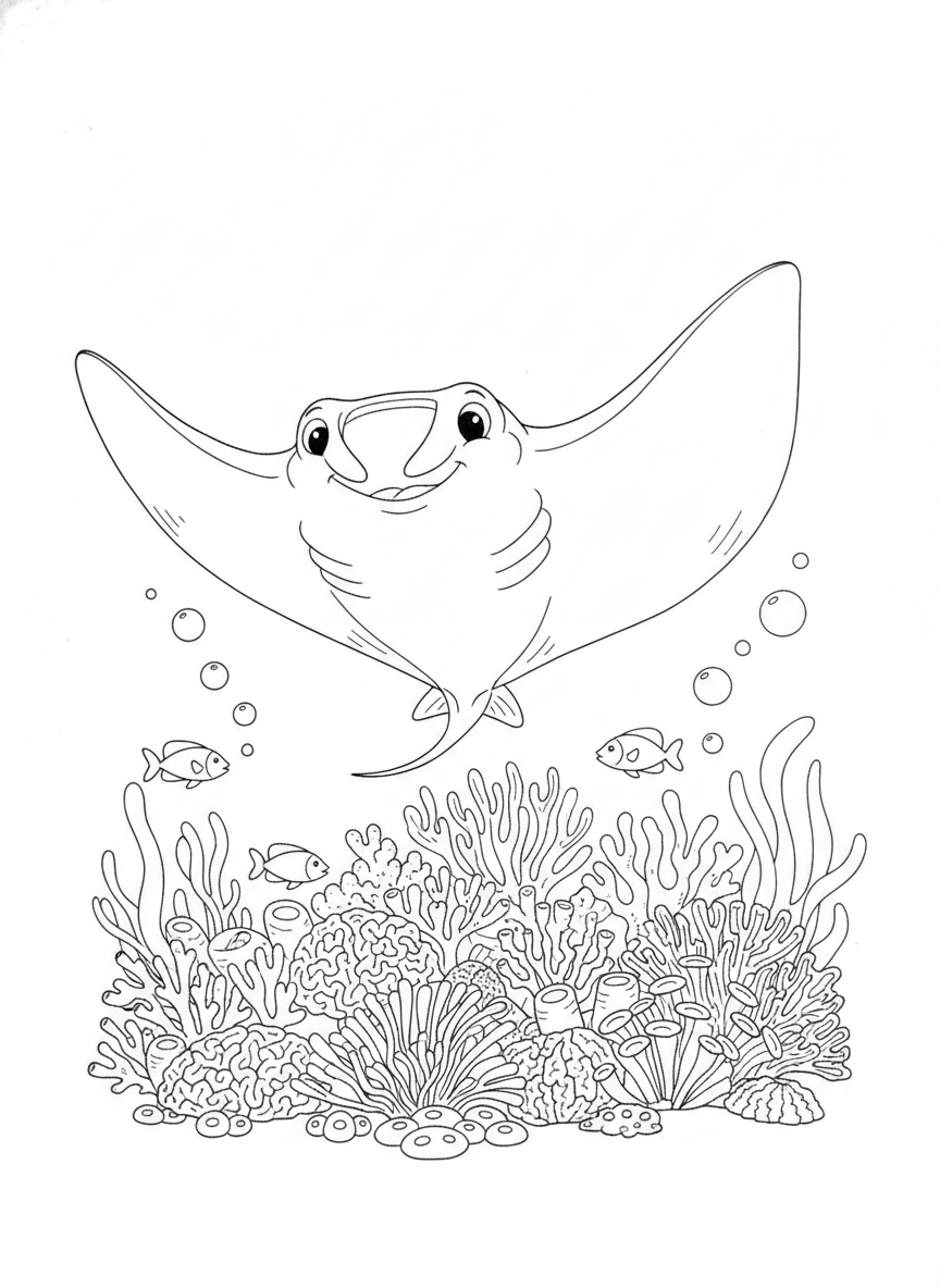 Friendly Manta Ray & Coral Reef Kids Coloring Page
