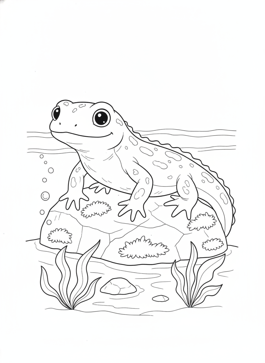 Friendly Newt in a Stream Kids Coloring Page