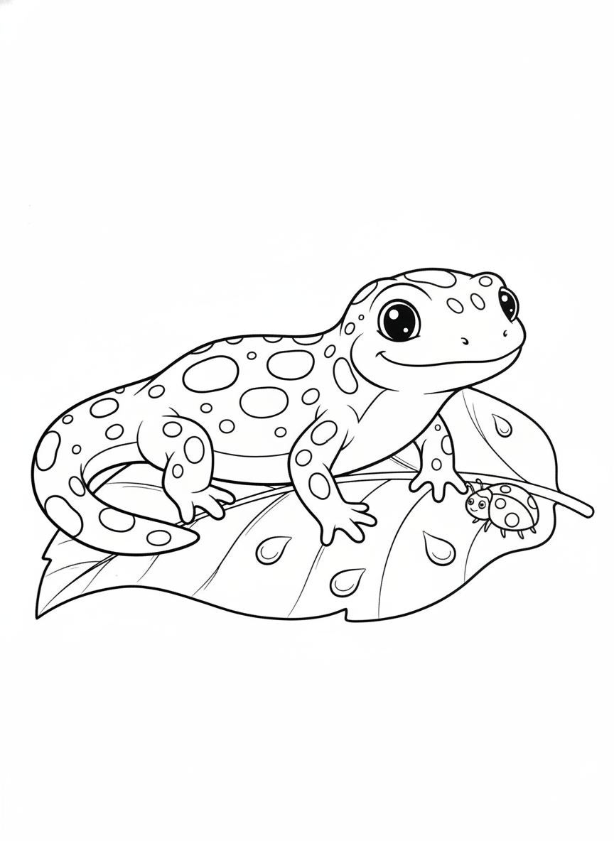 Friendly Newt & Ladybug Leaf Adventure Coloring Page