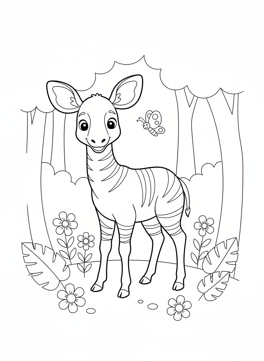 Friendly Okapi in a Lush Forest Clearing Coloring Page