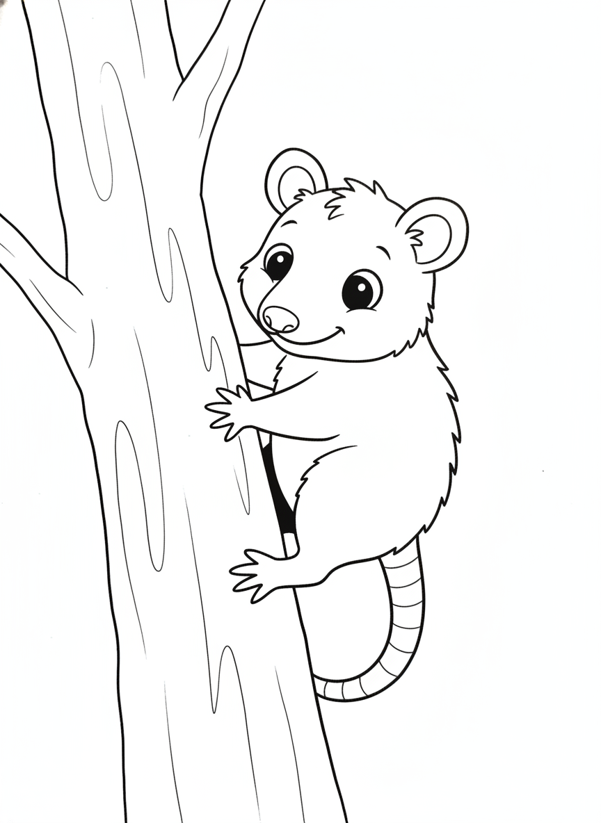 Friendly Opossum Tree Climb Coloring Page for Kids