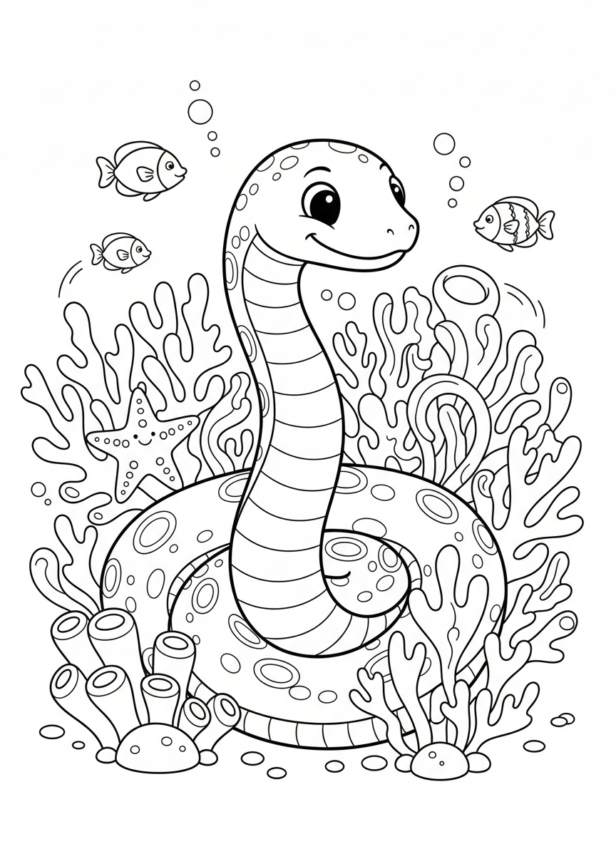 Friendly Sea Snake in Coral Reef Coloring Page