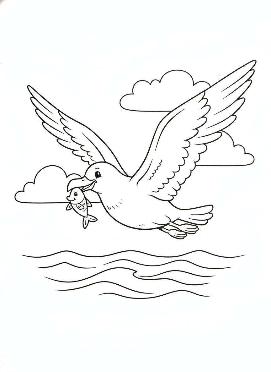 Friendly Seagull with Fish Over Ocean Waves Coloring Page