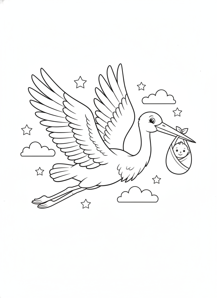Friendly Stork Delivers Baby: A Delightful Coloring Page for Kids