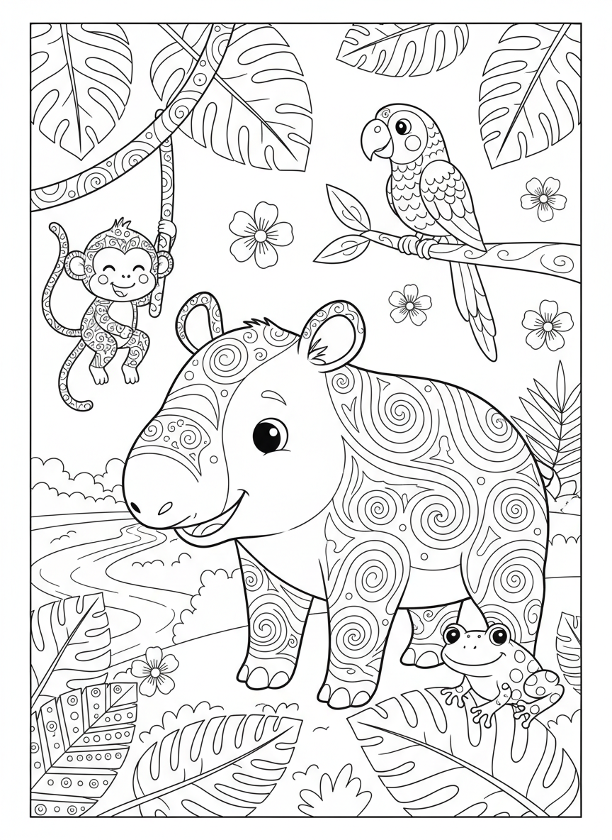 Friendly Tapir & Rainforest Pals Coloring Page