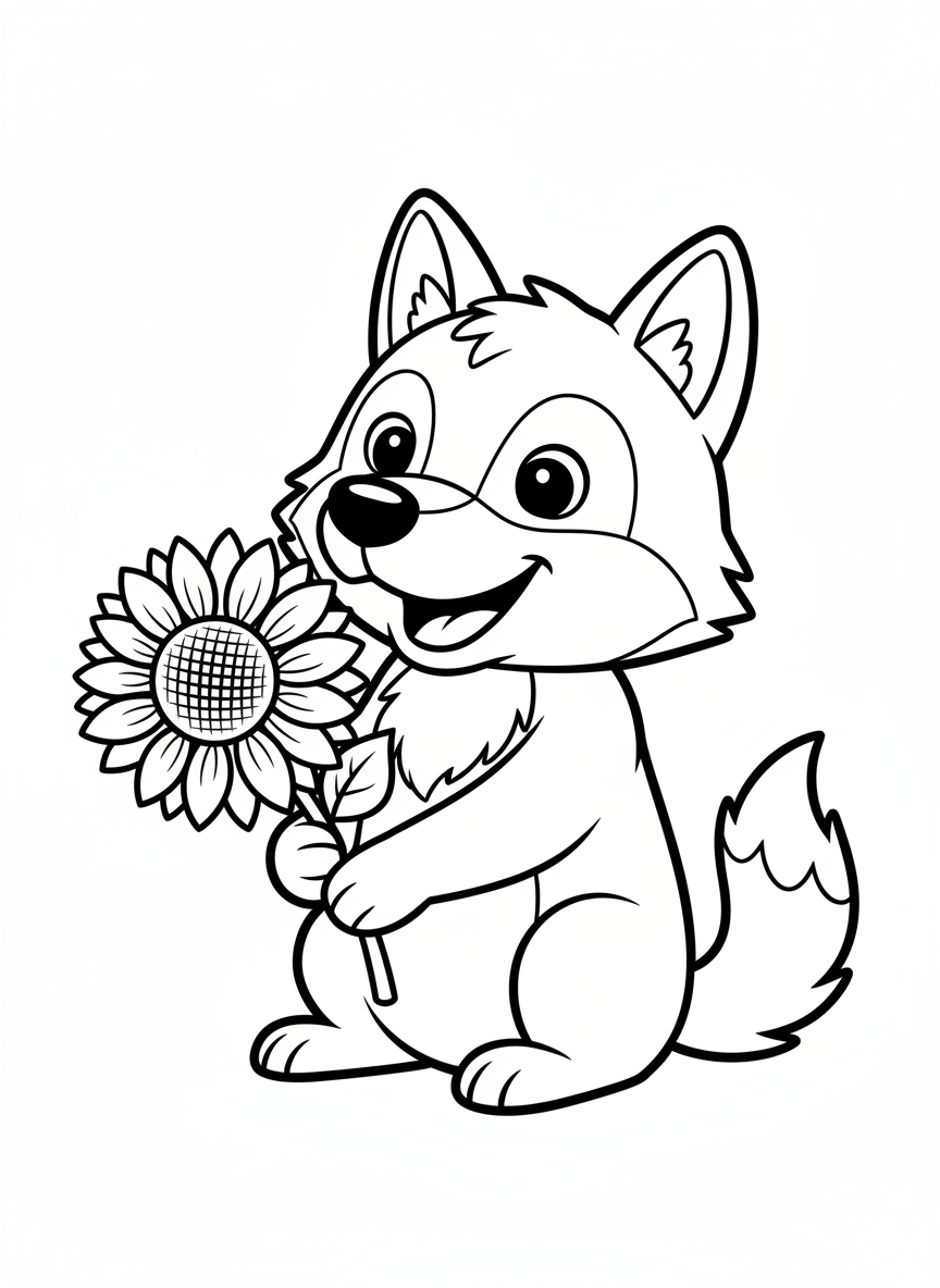 Friendly Wolf with Sunflower Coloring Page for Kids