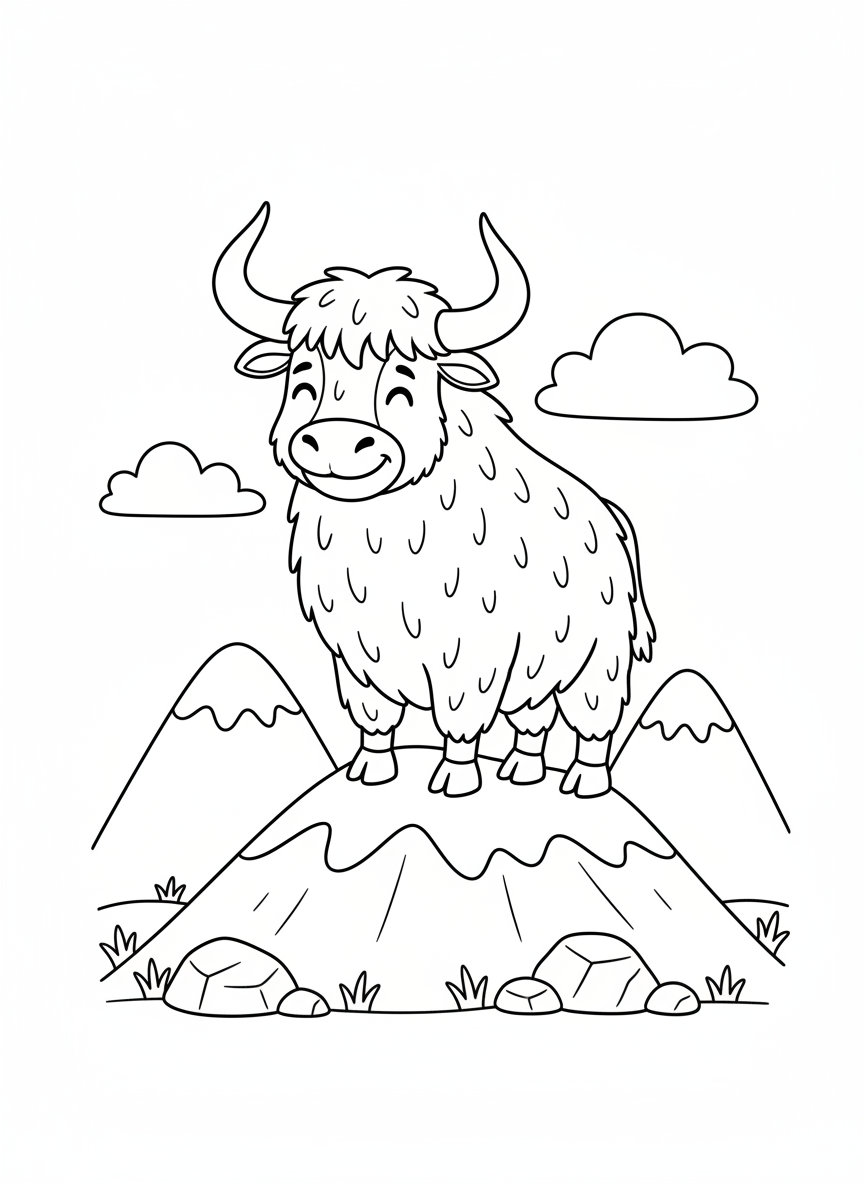 Friendly Yak on a Mountain Coloring Page