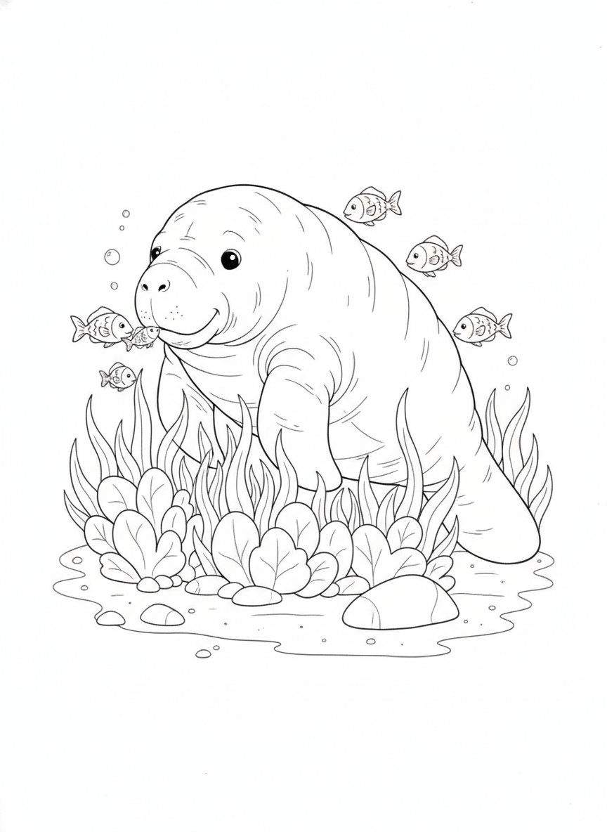 Gentle Manatee & Fish Grazing in Seagrass Coloring Page