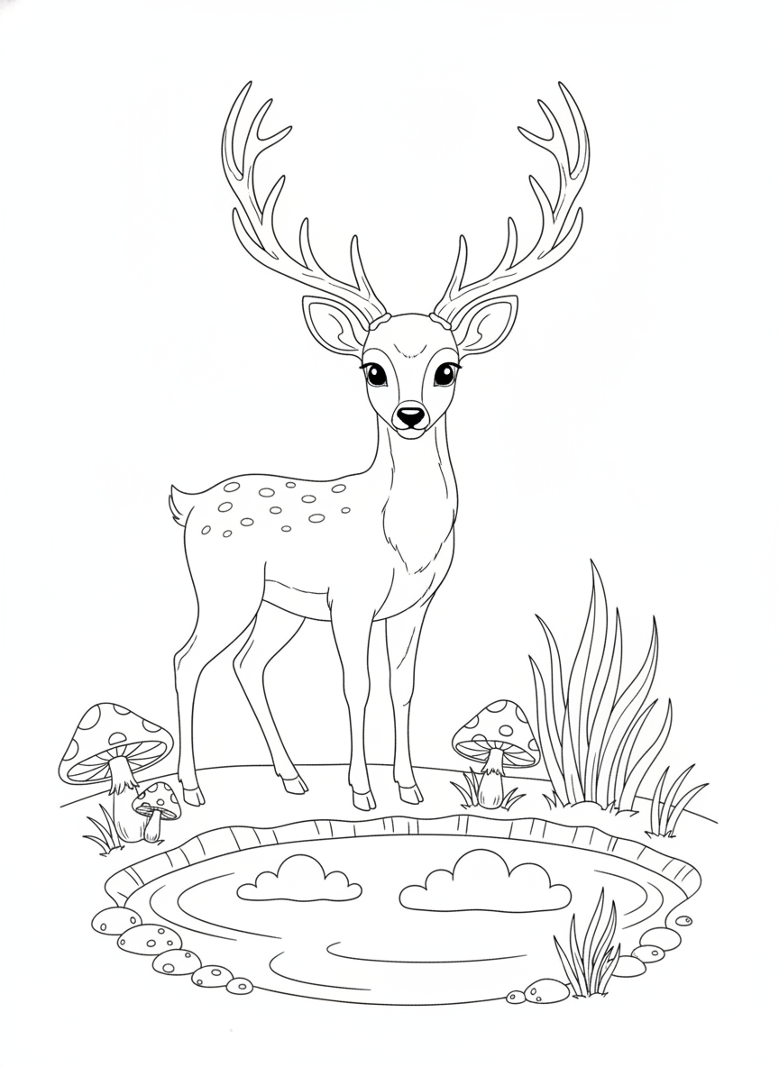 Graceful Sika Deer by a Tranquil Pond: A Kids Coloring Page