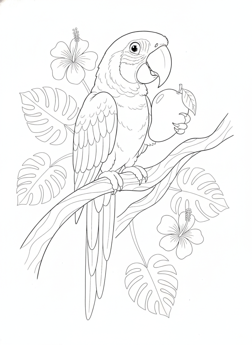 Green-winged Macaw with Mango Coloring Page for Kids