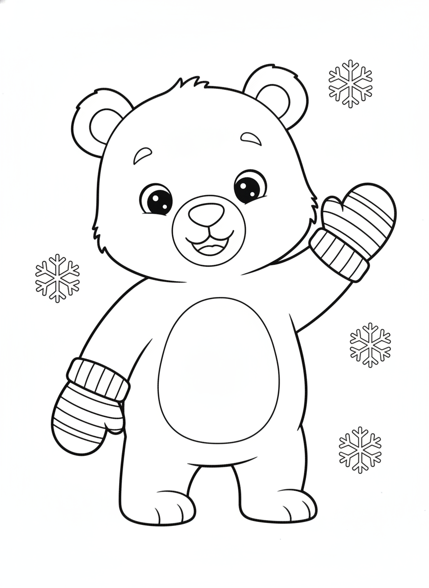 Happy Bear Cub with Striped Mittens Coloring Page