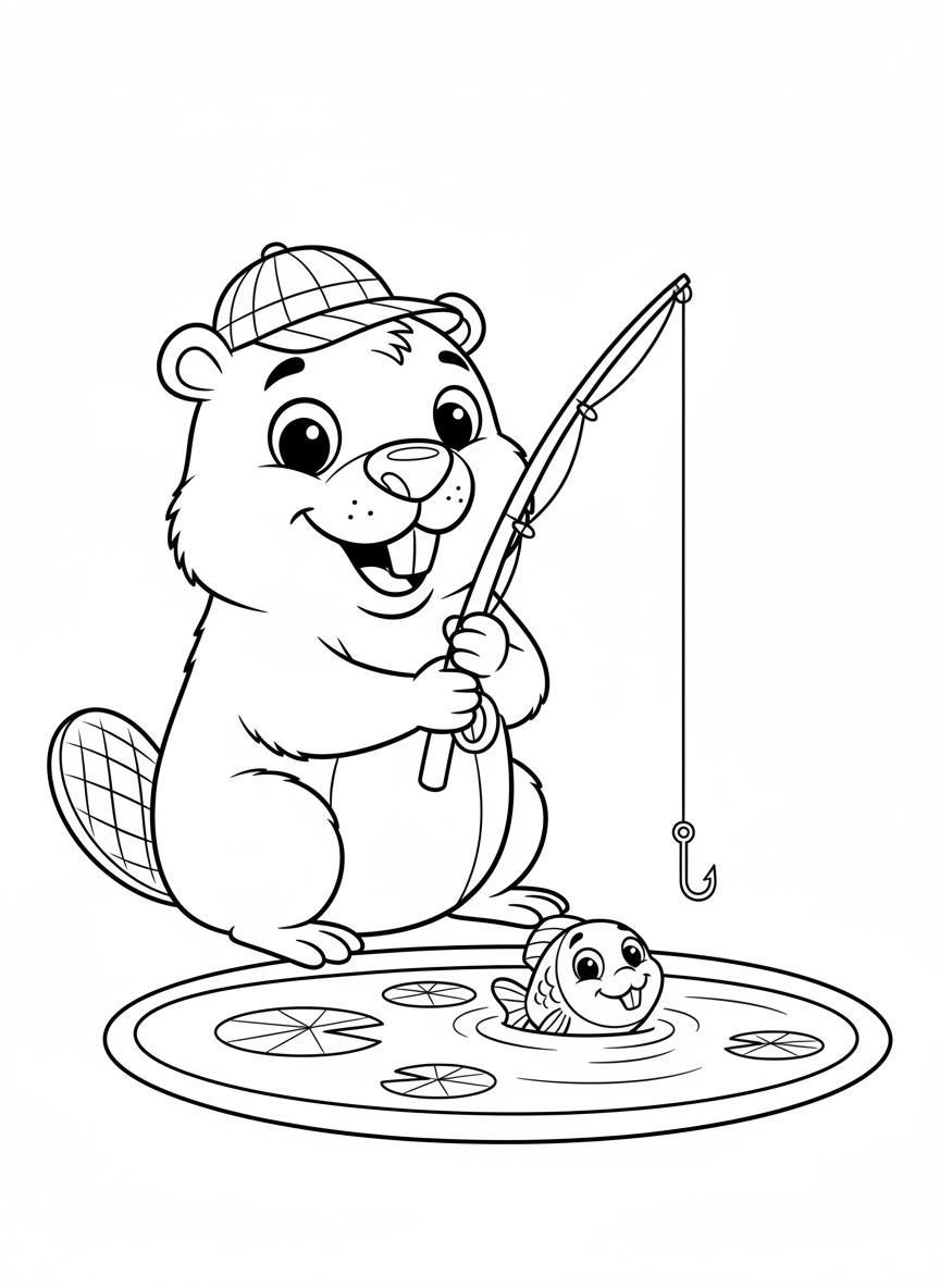 Happy Beaver Fishing Fun Coloring Page