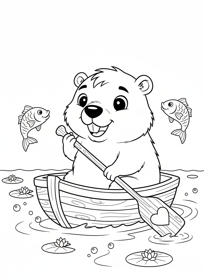 Happy Beaver in Rowboat Coloring Page
