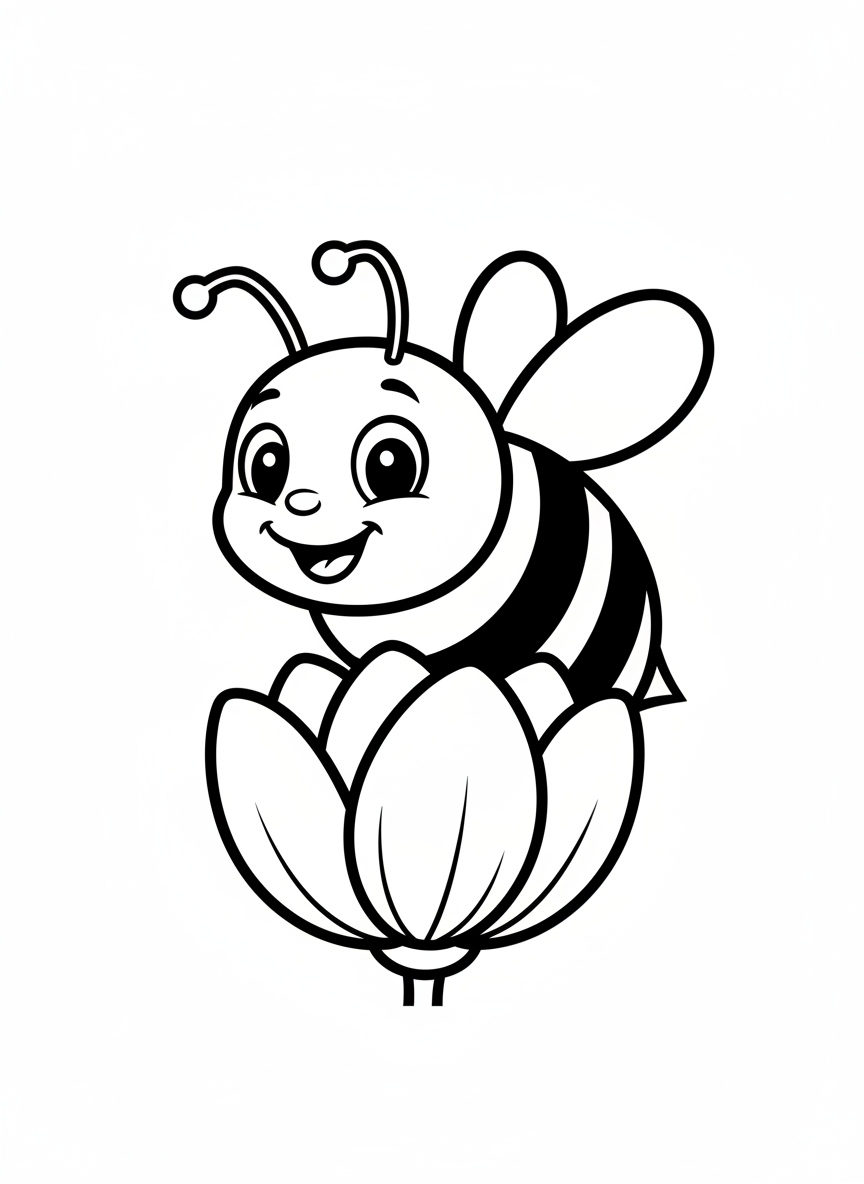 Happy Bee on a Flower Bud Coloring Page