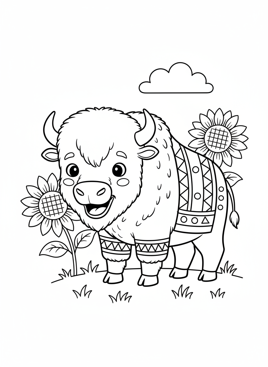 Happy Bison with Blanket Coloring Page