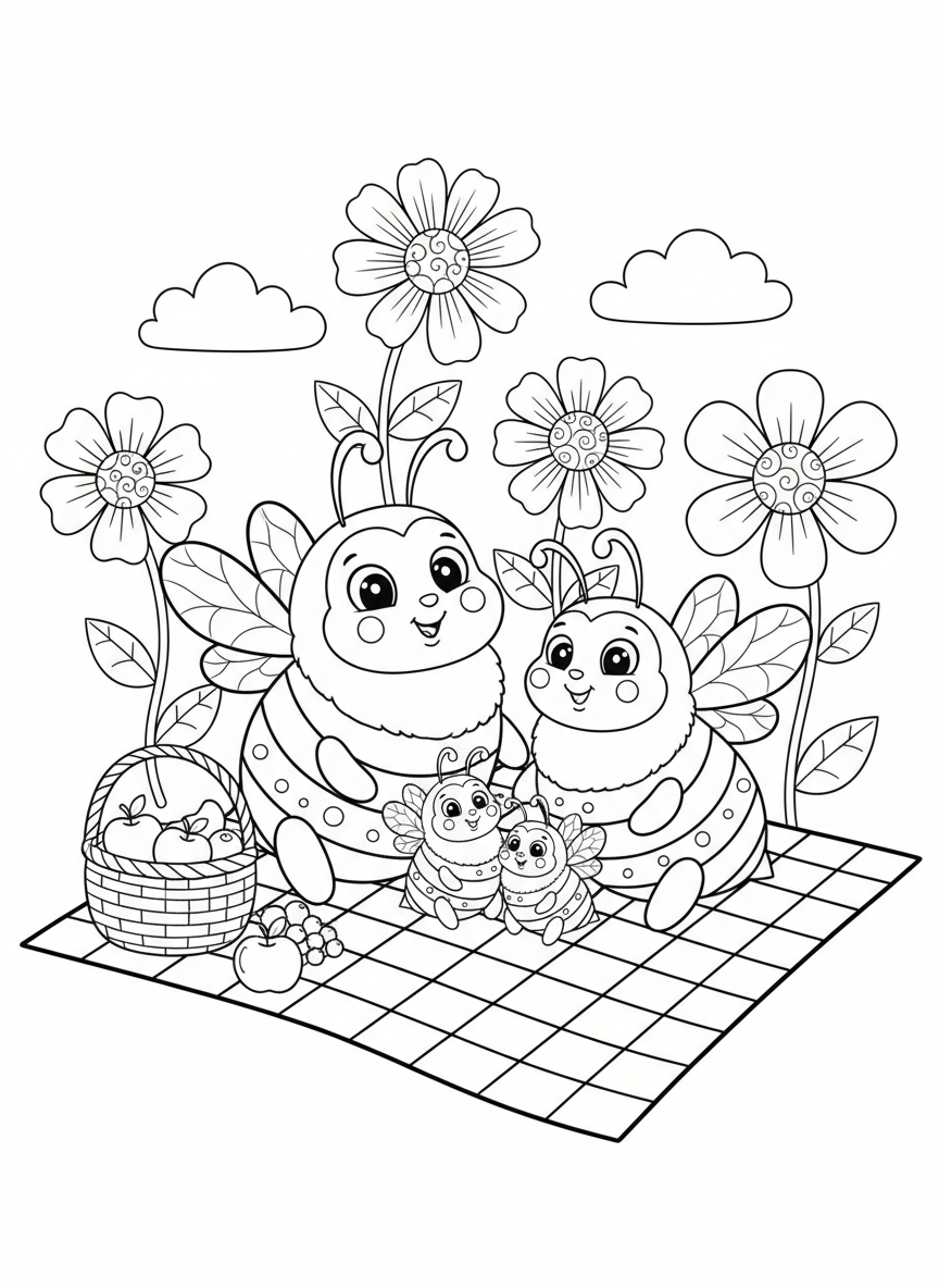 Happy Bumblebee Family Picnic Coloring Page