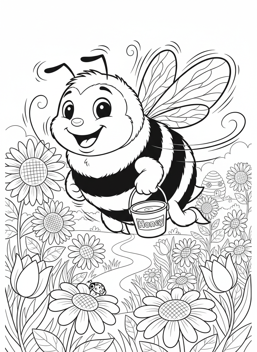 Happy Bumblebee Flying in Flower Meadow