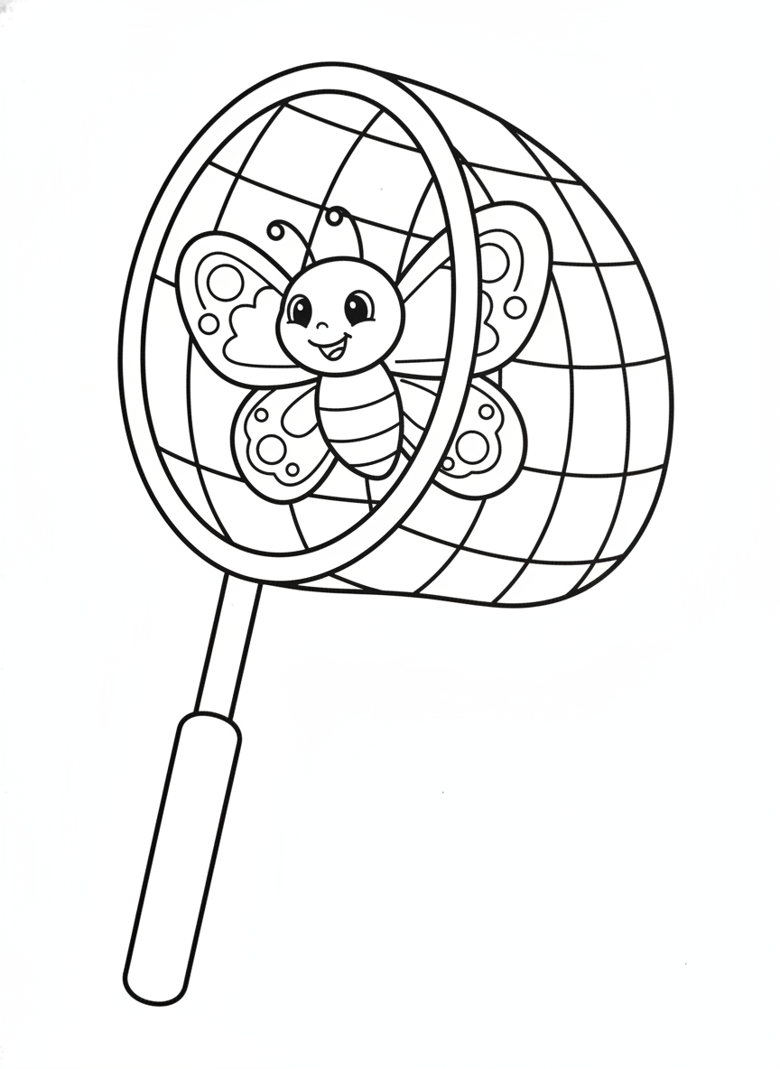 Happy Butterfly in a Simple Insect Net Coloring Page