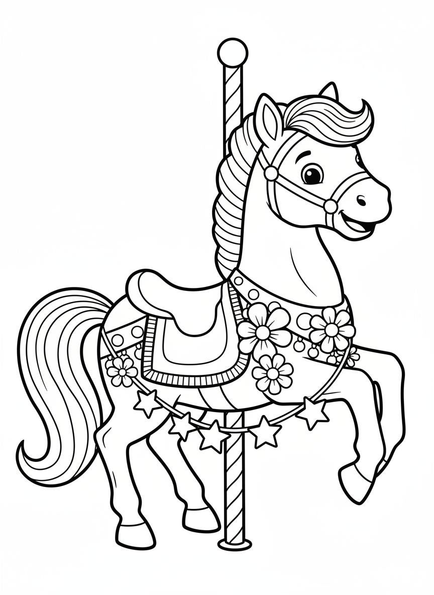 Happy Carousel Horse Coloring Page for Kids Aged 3-5