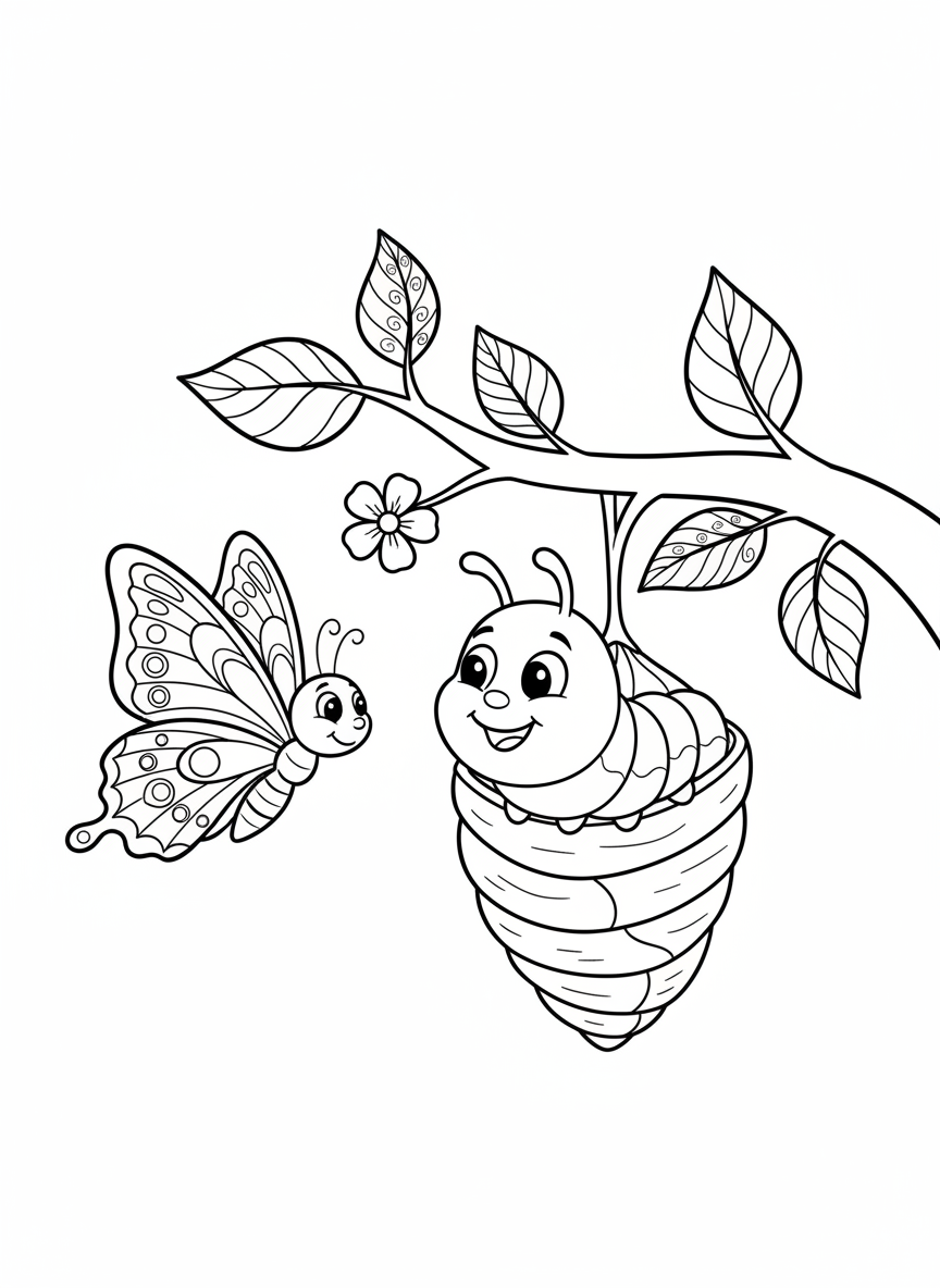 Happy Caterpillar and Butterfly Coloring Page