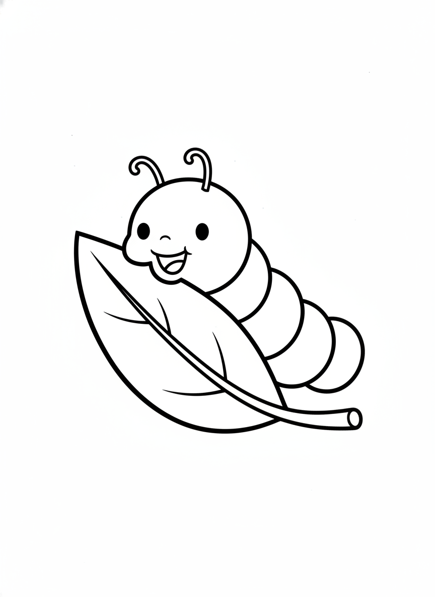 Happy Caterpillar Munching Leaf Coloring Page