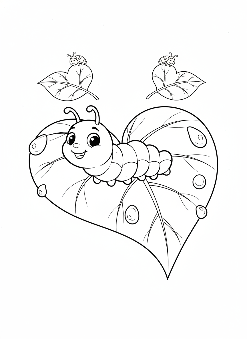 Happy Caterpillar on Heart Leaf